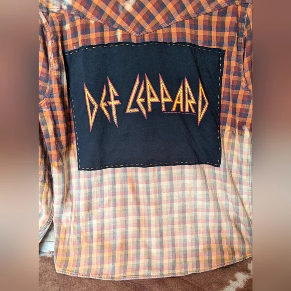 Def Leppard Upcycled Dip Dye Bleach Flannel Shirt - Picture 6 of 15